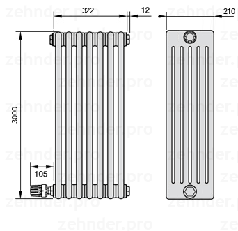 Схема (чертеж) Радиатор Zehnder Charleston 6300/7 №V004 Белый глянцевый RAL 9016